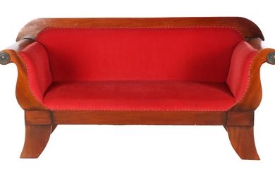 (-), Mahogany Biedermeier sofa with red upholstery on...