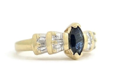 Marquise Blue Sapphire Baguette Diamond Ring 14K Yellow Gold, 3.11 Grams
