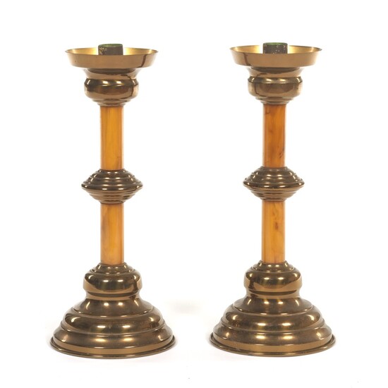 Mid-Century Modern Two-Toned Metal and Lava Catalin Candlesticks