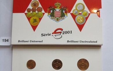 Monnaies Euros - Monaco - Série BU 2001 (8 monnaies, 20 000 ex.) FDC dans sa plaquette d'origine