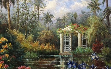 Monumental Original Oil Painting Elizabeth Pena Garden Gazebo 40 x 40 Inches