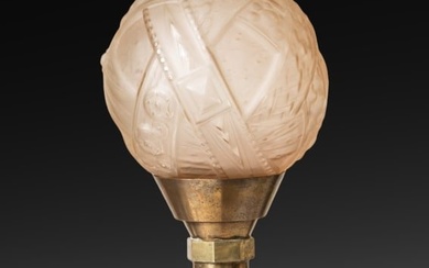 Muller Freres Signed Art Deco Table Lamp, The large globe shade sits on bronze column form base