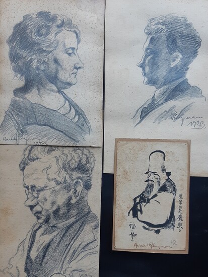 NOT SOLD. Harald Engman: Three portraits and one Chinese scholar. All signed Harald Engman/H.Engman. Three...