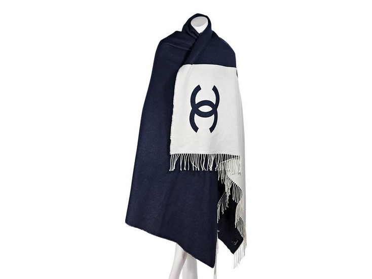 Navy Blue & White Chanel Wool/Cashmere Throw Blanket