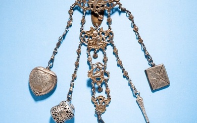 ORNATE SILVER CHATELAINE WITH IVORY NOTE CARDS.