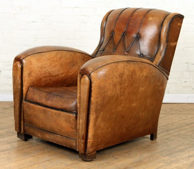 OVERSIZED FRENCH LEATHER CLUB CHAIR CIRCA 1940