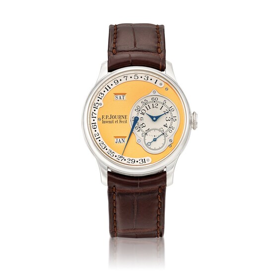 Octa Calendrier | A platinum annual calendar wristwatch with retrograde date and brass movement, Circa 2003 | Octa Calendrier | 鉑金年曆腕錶，備逆跳日期及銅製機芯，約2003年製, F.P. Journe