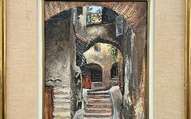 Old Town Provence Stone Steps Back Streets 1960’s French Oil Painting 1960's