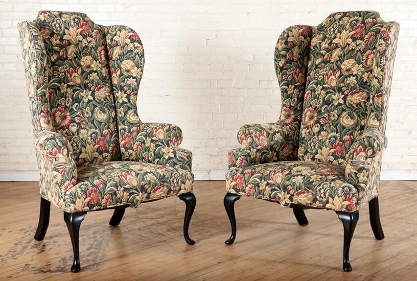 PAIR CUSTOM QUEEN ANNE STYLE HIGHBACK WING CHAIRS