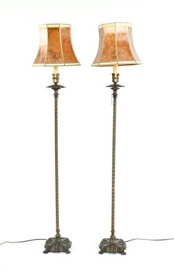 PAIR OF CAST IRON & BRASS MICA SHADE FLOOR LAMPS