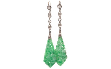 PAIR OF GREEN HARDSTONE AND DIAMOND EARRINGS AND A PENDANT