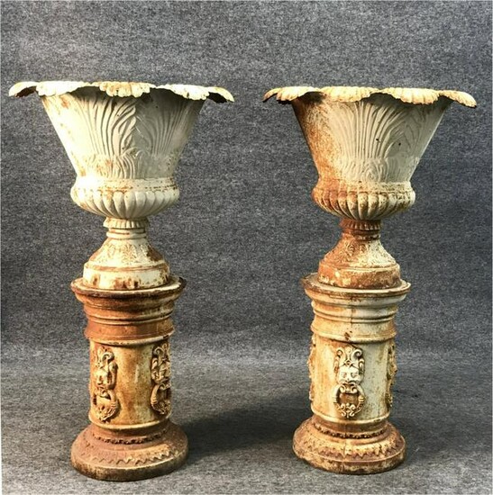 PR OF CAST IRON URNS ON CYLINDRICAL BASES 46 1/2" TALL