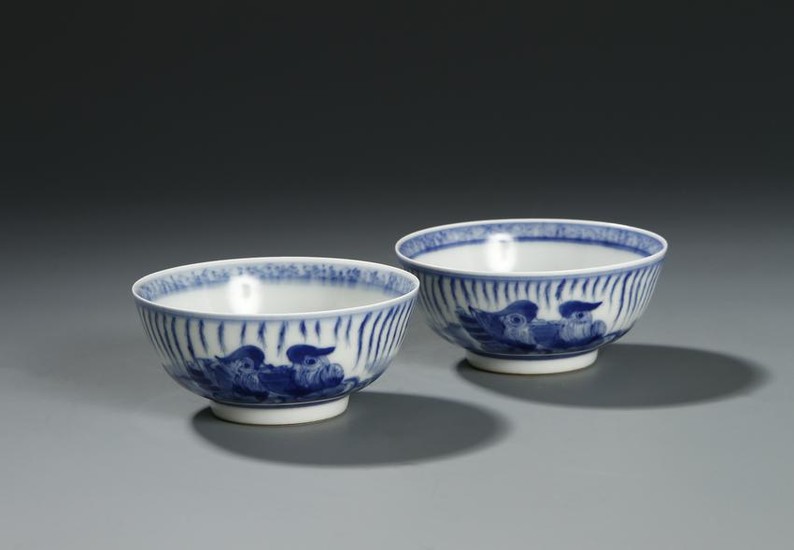 Pair Chinese Blue and White 'Mandarin Ducks' Bowls