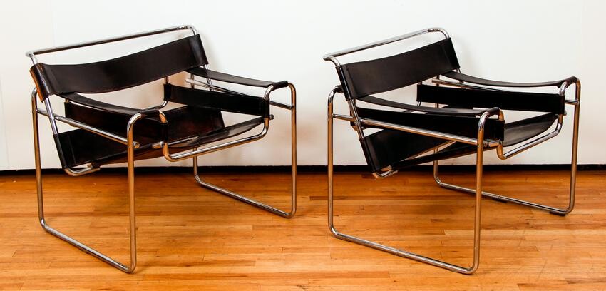 Pair Marcel Breuer Wassily Leather & Chrome Chairs
