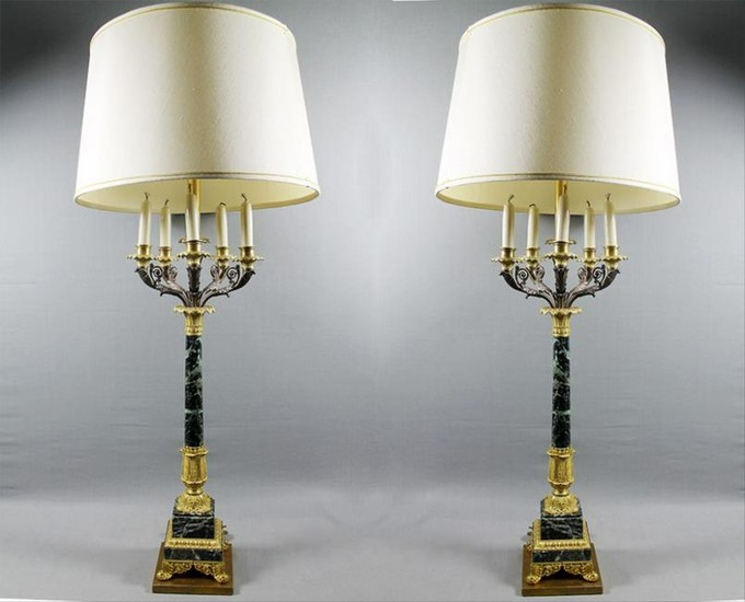 Pair Of French Marble And Bronze Candelabra Lamps 43" X