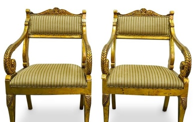 Pair Of Regency Style Gilt Carved Wood Armchairs