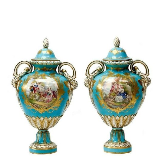 Pair Sevres France Hand Painted Porcelain Covered Urns