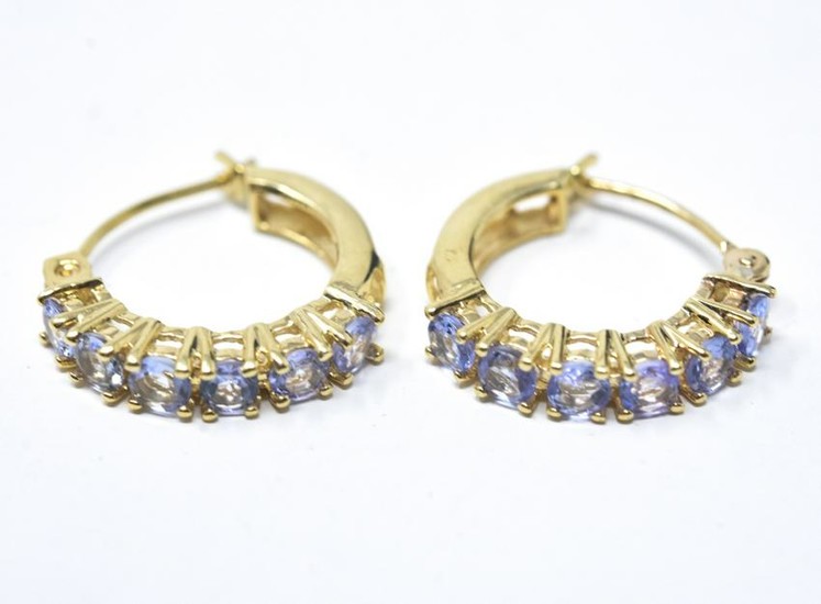 Pair of 14k Yellow Gold & Aquamarine Hoop Earrings