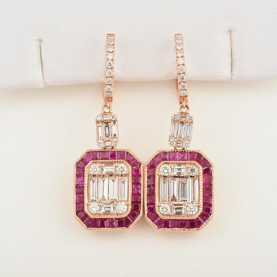 Pair of Diamond, Ruby, 18k Rose Gold Earrings.