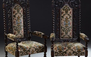 Pair of French Louis XIII Style Carved Oak Fauteuils