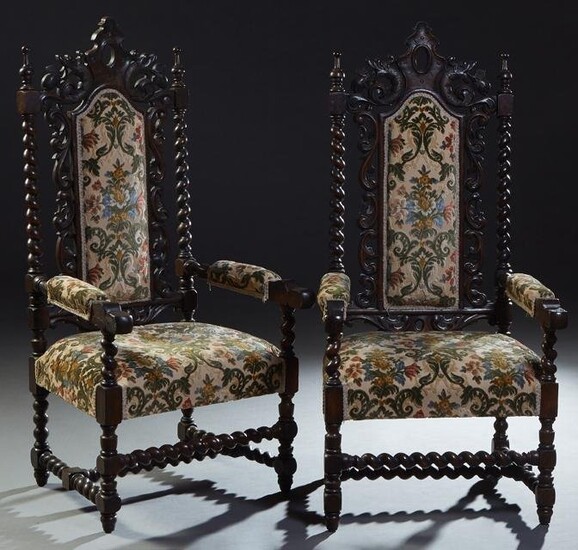 Pair of French Louis XIII Style Carved Oak Fauteuils