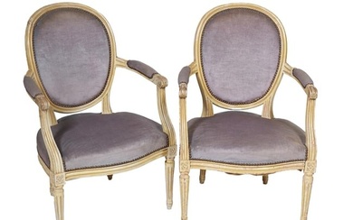 Pair of French Louis XVI Style Polychromed Fauteuil, 20th c., H.- 33 in., W.- 22 1/2 in., D.- 24 in.