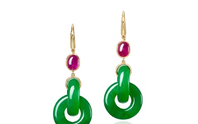 Pair of Jadeite Double Hoop and Ruby Pendent Earrings |...