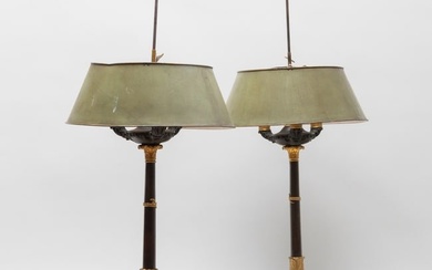 Pair of Louis-Philippe Gilt and Patinated Bronze Three-Light Candelabra with Retractable Tole Shades