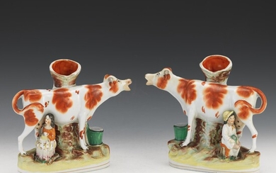 Pair of Staffordshire Flatback Cow and Milkmaid Spill Vases