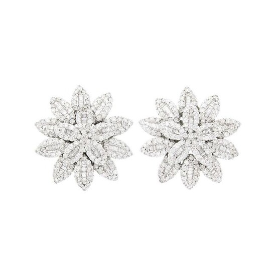 Pair of White Gold and Diamond Flower Earrings
