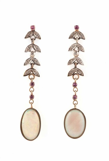 Pair of opal, diamond, ruby, gold and silver earrings