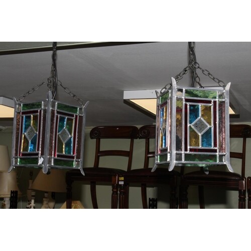 Pair of stained glass Arts & Crafts style lanterns.