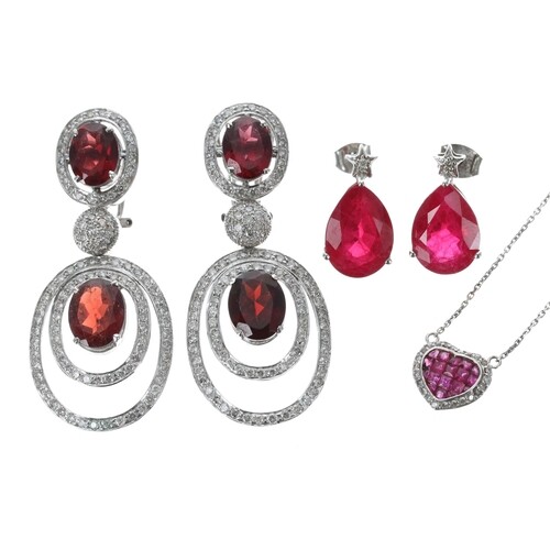 Pair of white gold diamond and garnet cluster drop earrings,...