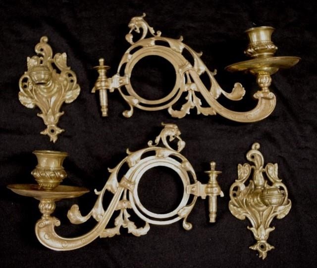 Pair vintage brass wall sconces each with wall fitting and d...