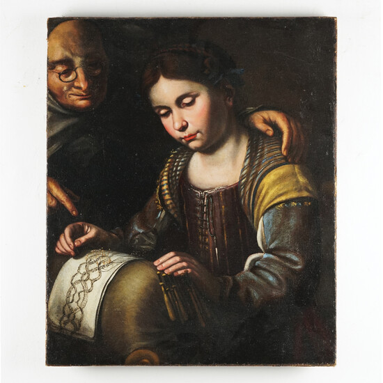 Pittore veneto del XVII secolo La merlettaia olio su tela, cm. 60x50