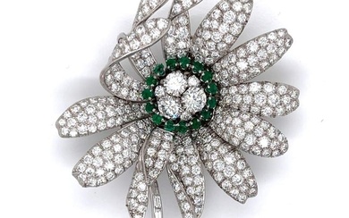 Platinum Diamond & Emerald Flower Brooch