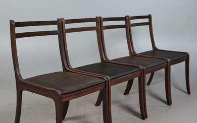 Poul Jeppesen, four chairs/dining room chairs, mahogany, fabric, 1960s, Denmark (4).