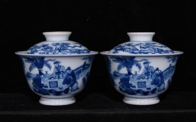Qing Yongzheng blue and white bamboo forest seven sages pattern covered bowl