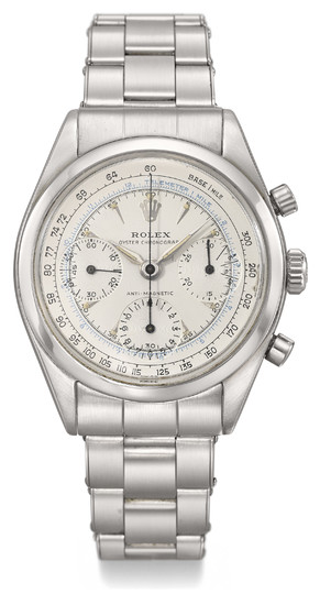 ROLEX. A RARE STAINLESS STEEL CHRONOGRAPH WRISTWATCH WITH TRANSITIONAL TWO-SCALE DIAL AND BRACELET, SIGNED ROLEX, OYSTER CHRONOGRAPH, ANTIMAGNETIC, REF. 6238, CASE NO. 950’394, CIRCA 1963