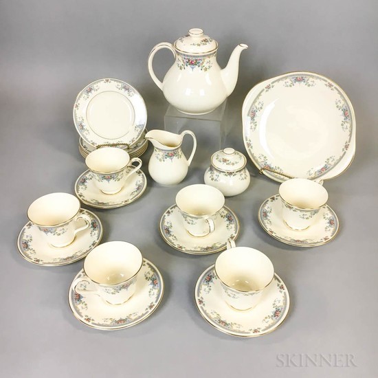 Royal Doulton "Juliet" Tea Set, England, 1981, teapot, covered sugar, creamer, six teacups and saucers, cake six plates, and a small pl