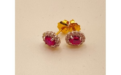 Ruby and diamond cluster stud earrings, stems stamped 750, a...