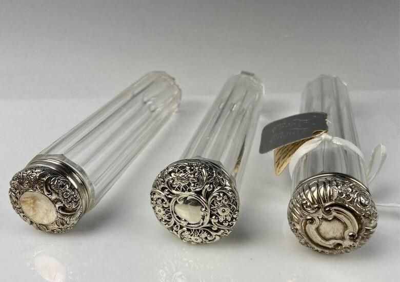 SET OF 3 VICTORIAN STERLING SILVER AND CRYSTAL BOTTLES