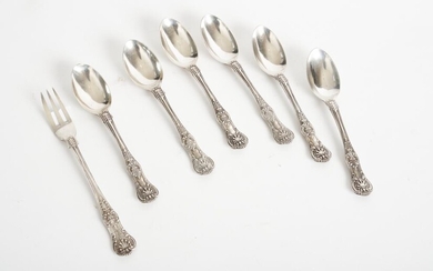 SIX VICTORIAN STERLING SILVER QUEEN'S PATTERN TEASPOONS AND A STERLING SILVER QUEEN'S PATTERN FORK, LEONARD JOEL LOCAL DELIVERY SIZE.