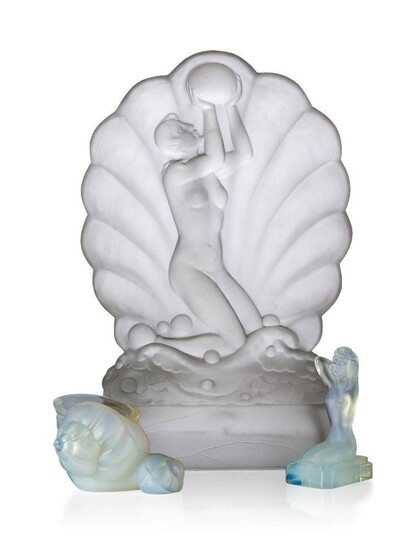 Sabino (French), an opalescent glass kneeling figure', c.1950, Signed 'Sabino Paris', Moulded, depicting a kneeling woman wearing only a string of beads; together with a Sabino opalescent glass shell; and a frosted glass light shade (no base or...