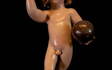 Sculpture de l'enfant de la balle, école espagnole, XVIIe siècle Sculpture en bois sur une...