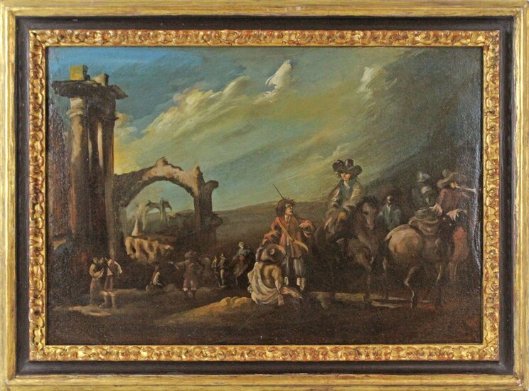 Scuola dell’italia Settentrionale del XVIII secolo, Prima della battaglia, tempera grassa su tela, cm 34x49, cornice in stile in legno laccato e dorato