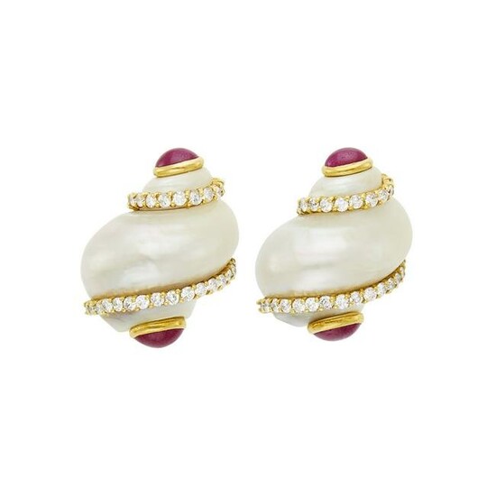 Seaman Schepps Pair of Gold, Shell, Diamond and Cabochon Ruby 'Turbo Shell' Earclips