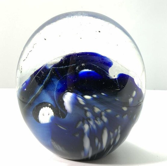 Signed Blue Swirl Art Glass Paperweight