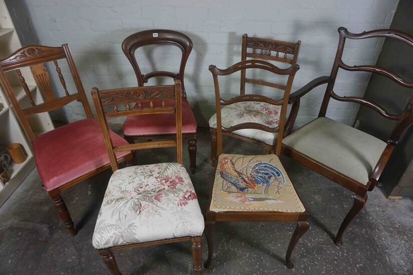 Six Assorted Dining Chairs, To include a Victorian Mahogany Chair, Mahogany Ladder Back Chair