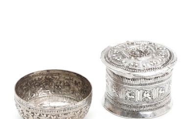 South-East Asian repoussé silver bowl and box, embossed and engraved with foliage,...